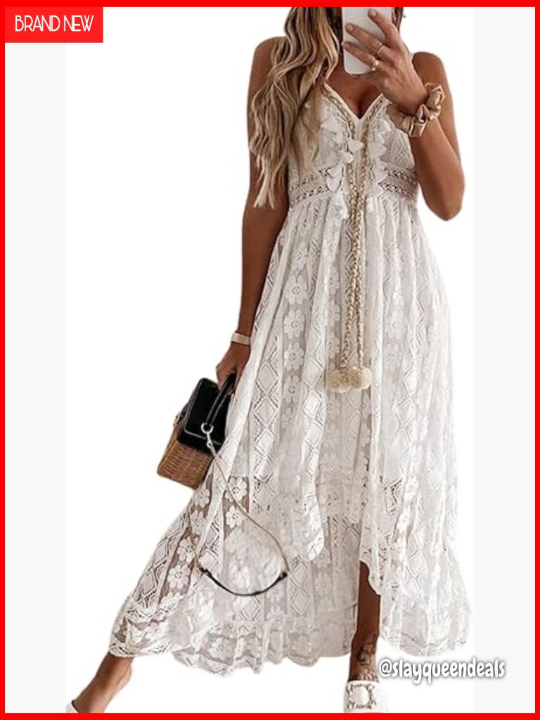 Sleeveless Lace Tassel Beach Maxi Dress With Adjustable Straps
